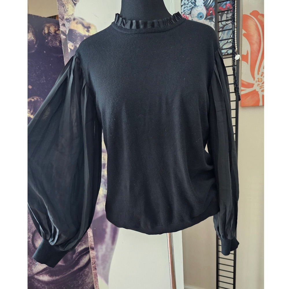 Adrianna Papell Black Pleated Chiffon Balloon Sleeve Ruffle Neck Sweater XL
